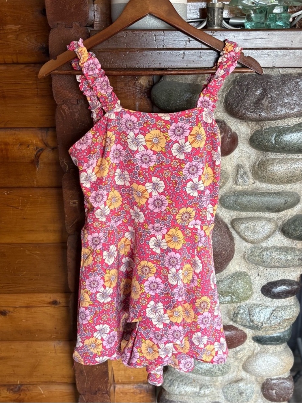 Floral Sundress Romper with Shorts Smocked Back Ruffle Strap Cottagecore Boho M